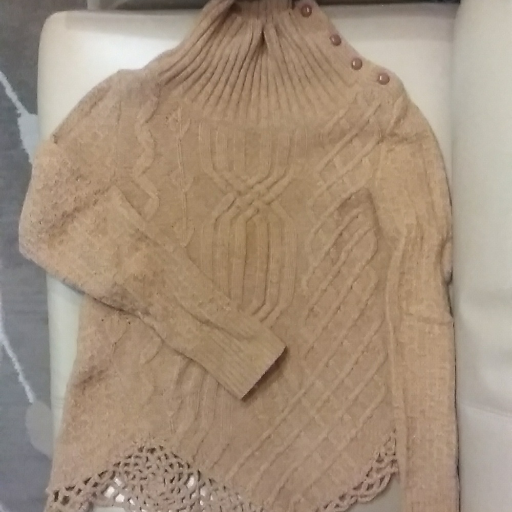 Anthropologie Beige Cable Knit Turtleneck Sweater with Button Detail